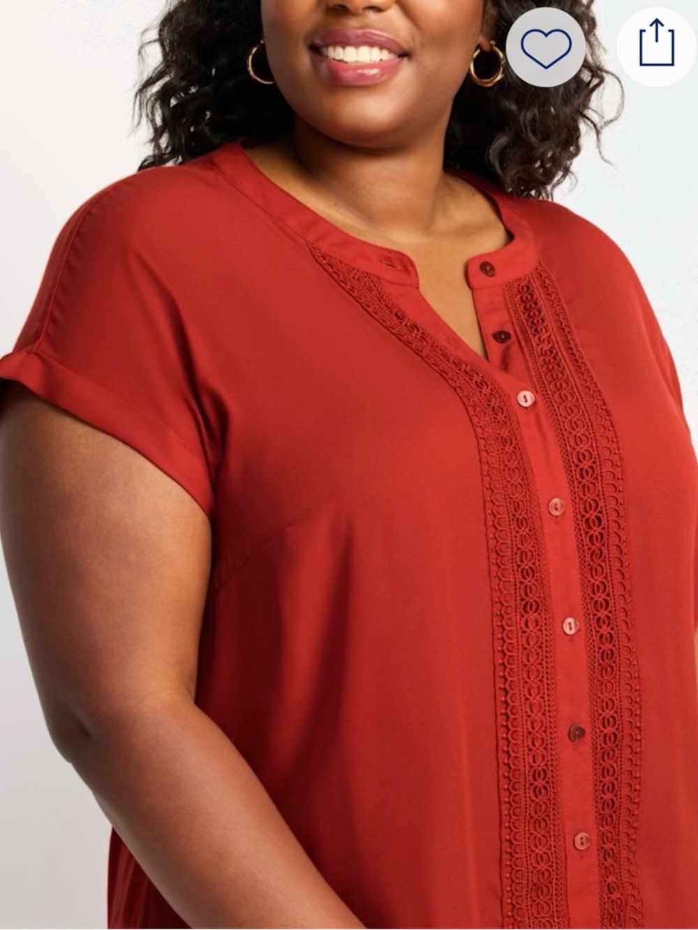 Fortune + Ivy Belinda Plus-Size Crochet-Trim Button Front Blouse in Rust - Picture 2 of 12